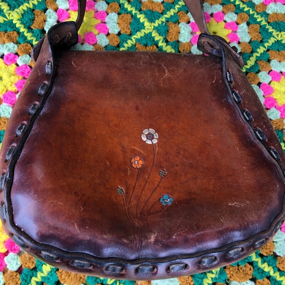 RARE vintage stamped Mexico  basket weave tooled leather shoulder hobo rare gem! - Picture 14 of 16